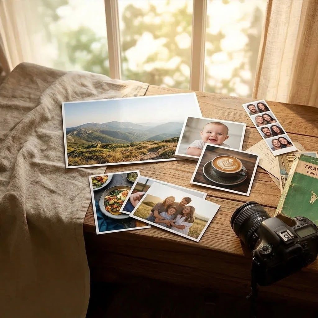 Tirages photo express posés sur une table en bois